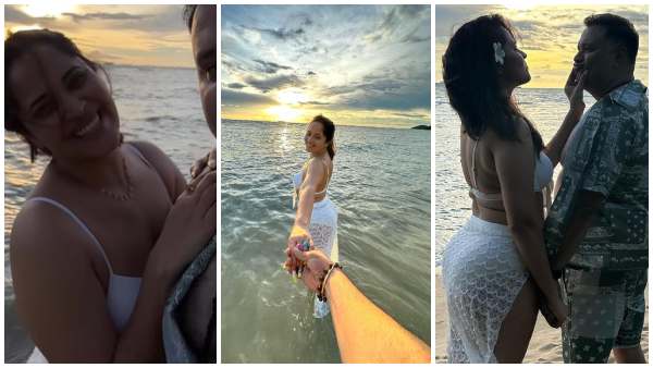 Actress Anasuya Bharadwaj poses in Bikini with husband during their anniversary celebration