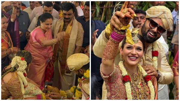 Kiccha Sudeep gifts a gold chain to Actor Abhishek Ambareesh on his wedding Kiccha Sudeep gifts a gold chain to Actor Abhishek Ambareesh on his wedding