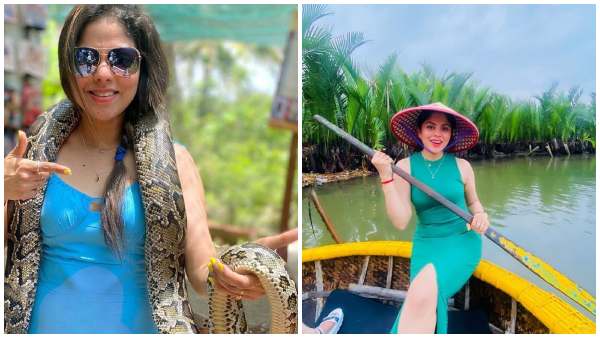 Geetha Serial fame Actress Sharmitha Gowda poses with a snake during Vietnam trip 
