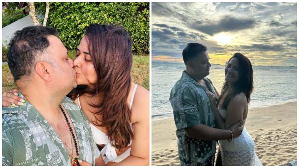 Actress Anasuya Bharadwaj poses in Bikini with husband during their anniversary celebration