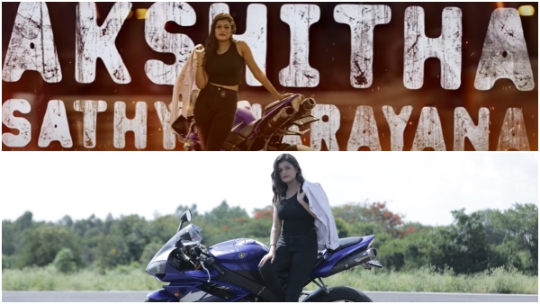 Actress Akshita Satyanarayana looks stunning with a costly bike in the Racer movie