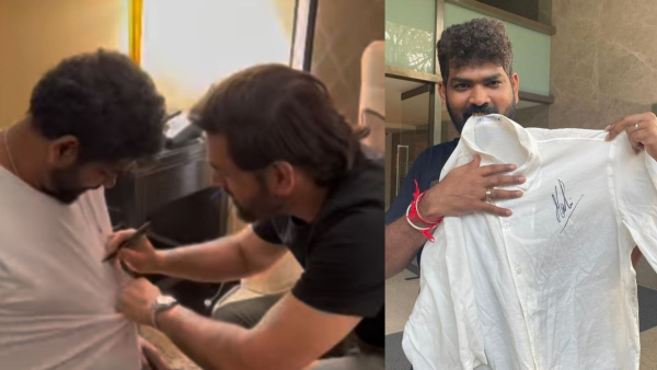 Nayanthara husband Vighnesh Shivan poses with tshirt signed by MS Dhoni Nayanthara husband Vighnesh Shivan poses with tshirt signed by MS Dhoni