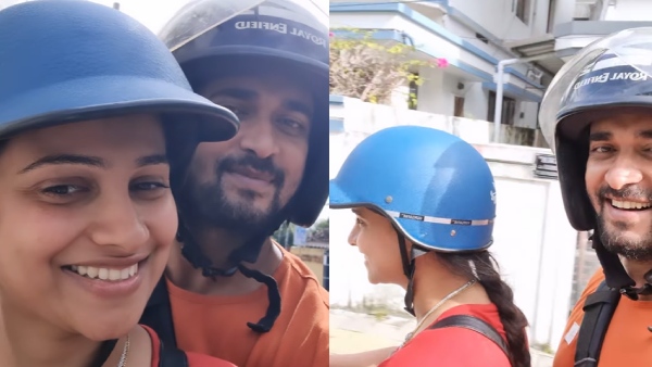 TV stars Chandan Kumar and kavita gowda two-wheeler ride
