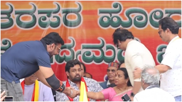 Did Dhruva sarja ignores Darshan at Cauvery Karnataka Bandh protest stage? 