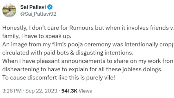 Sai Pallavi reacts to rumours of her wedding with the director Rajkumar Periyasamy