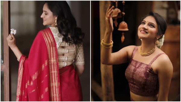 Actress Ranjani Raghavan wearing her mothers Mysore silk saree on Navratri festival