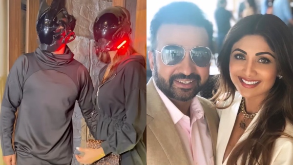 Actress Shilpa Shetty twins with husband Raj Kundra in full face masks