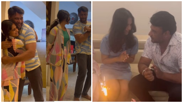 Kaatera actor Darshan Attend Actress Pavithra Gowdas daughter Kushi Birthday Celebrations, video goes viral