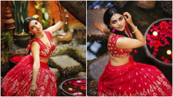 Kannada actress Ganavi Laxman new red lehenga photo shoot went viral Kannada actress Ganavi Laxman new red lehenga photo shoot went viral
