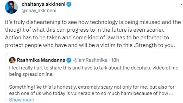 Naga Chaitanya Tweets on Rashmika Mandannas viral deepfake video; Naga Chaitanya Tweets on Rashmika Mandannas viral deepfake video;