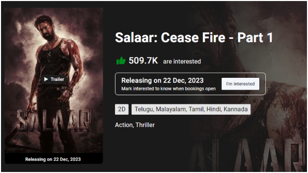 Prabhas Prashanth Neel movie Salaar: Cease Fire-Part 1 got 5 lakh interest in Book My Show