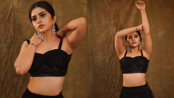 Kannada Actress Megha shetty new photoshoot in Black Crop top Lehenga 
