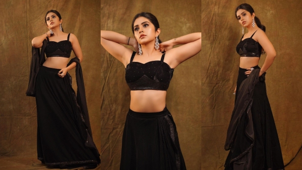 Kannada Actress Megha shetty new photoshoot in Black Crop top Lehenga 