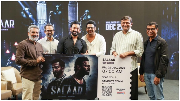 Rajamouli buys the first ticket of Salaar, 120 feet Prabhas cutout in Mumbai Rajamouli buys the first ticket of Salaar, 120 feet Prabhas cutout in Mumbai