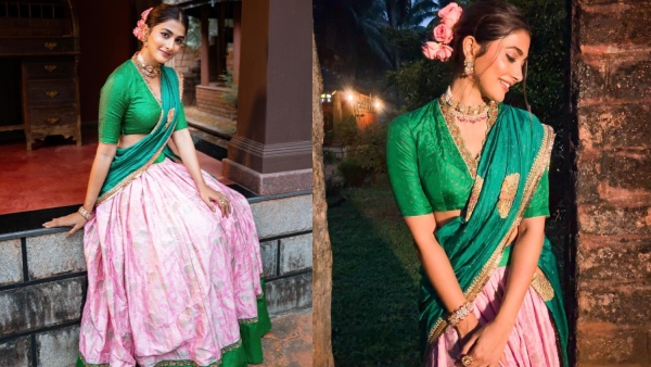 Pooja Hegde Looks Stunning in Peacock Green and Pink Half Silk Saree: It costs Rs 1.39 Lakh