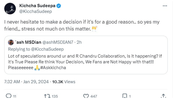 Sudeep opens up about collaborating with director R. chandru Again after Kabzaa