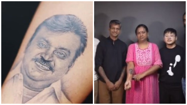 Late actor Vijayakanths wife Premalatha gets a tattoo husbands photo 