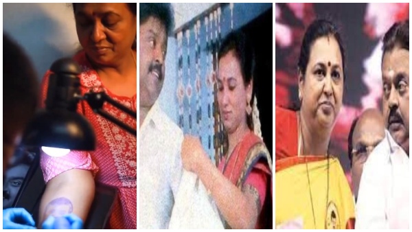 Late actor Vijayakanths wife Premalatha gets a tattoo husbands photo 
