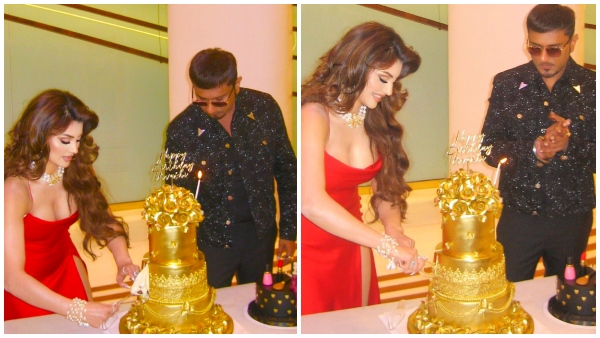 Urvashi Rautela cuts 24 carat gold cake on 30th birthday with rapper honey singh Urvashi Rautela cuts 24 carat gold cake on 30th birthday with rapper honey singh