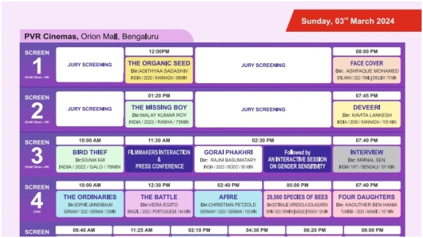 Bengaluru International Film Festival Sunday march 3rd 2024 screening movies list