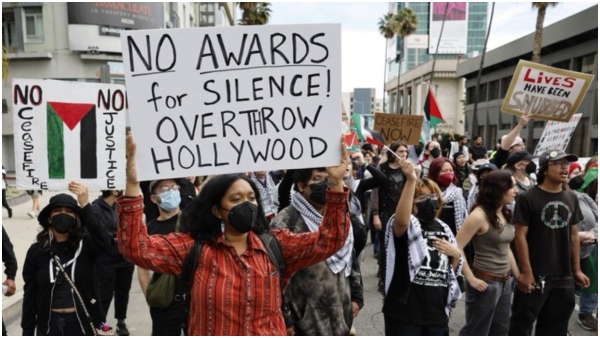 Oscar Award 2024 Gaza supporters protest in a rally in Hollywood blocking traffic Oscar Award 2024 Gaza supporters protest in a rally in Hollywood blocking traffic