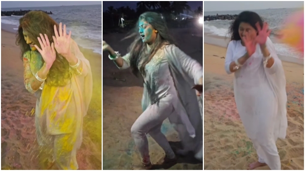 Radhika Kumaraswamy celebrated holi by dancing near the beach