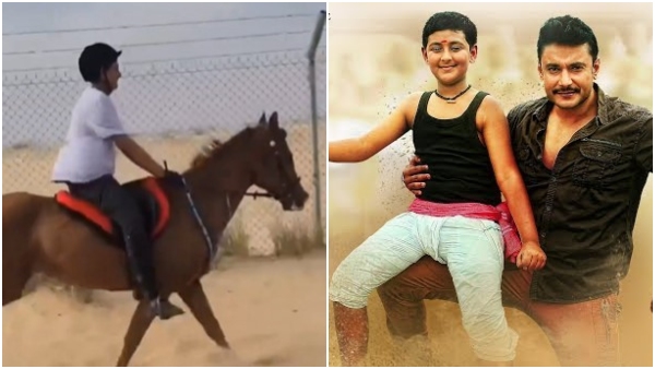 Challenging Star Darshan s Son Vineesh horse riding video goes viral Challenging Star Darshan s Son Vineesh horse riding video goes viral