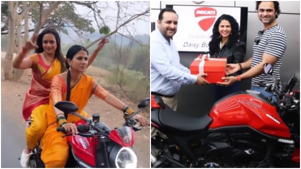Kannada Actress bike ride wearing Maharashtrian nauvari saree