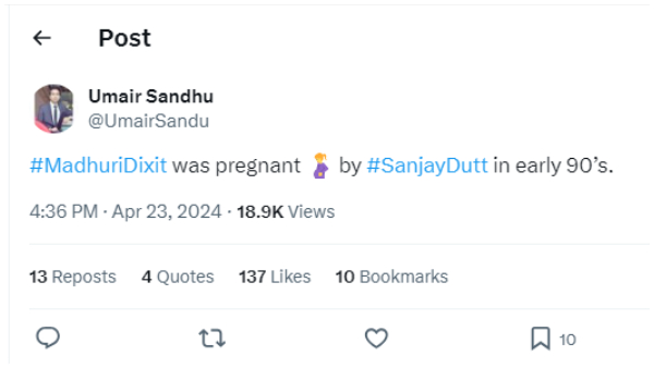 Controversial critic Umair Sandhu tweeted about Madhuri Dixit pregnancy with Sanjay Dutt