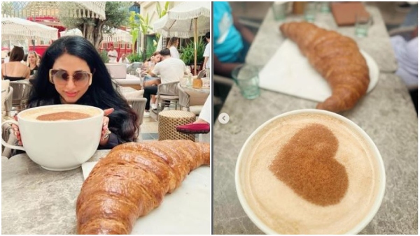darshans-wife-vijayalakshmi-relishes-a-generous-cup-of-coffee-with-croissant