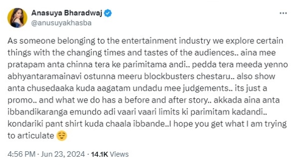 Anasuya Bharadwaj hits back at trolls slamming her for removing jacket in tv show