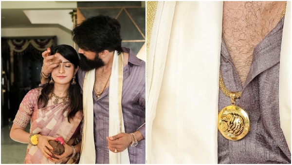 Toxic actor Yash wears a tiger locket during varamahalakshmi puja Toxic actor Yash wears a tiger locket during varamahalakshmi puja