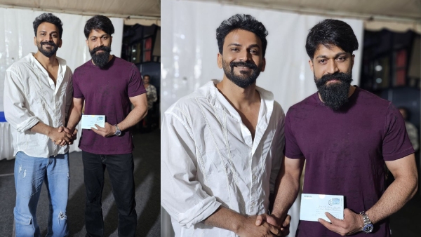 Daali Dhananjay gave wedding invitation to Yash in Toxic set in Bengaluru Daali Dhananjay gave wedding invitation to Yash in Toxic set in Bengaluru