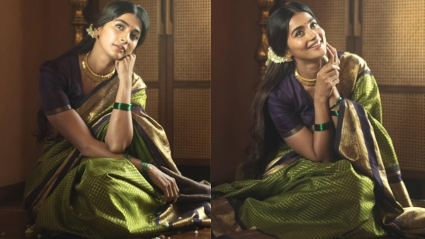 Actress Pooja Hegde new photoshoot with 70 year old grandmother green saree Actress Pooja Hegde new photoshoot with 70 year old grandmother green saree