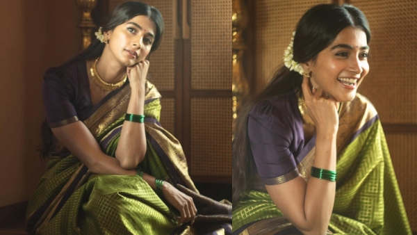 Actress Pooja Hegde new photoshoot with 70 year old grandmother green saree Actress Pooja Hegde new photoshoot with 70 year old grandmother green saree