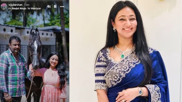 Vijayalakshmi shared instagram story with posing Darshan and horse