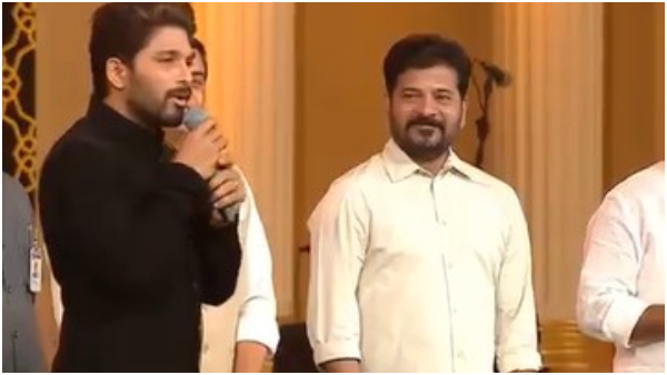 Allu Arjun says a dialogue from Pushpa-2 in front of Telangana CM Revanth Reddy