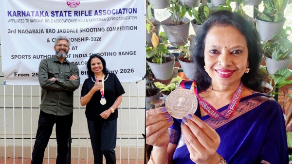 Actor Jaggesh s wife Dr Parimala clinches silver medal in state shooting championship