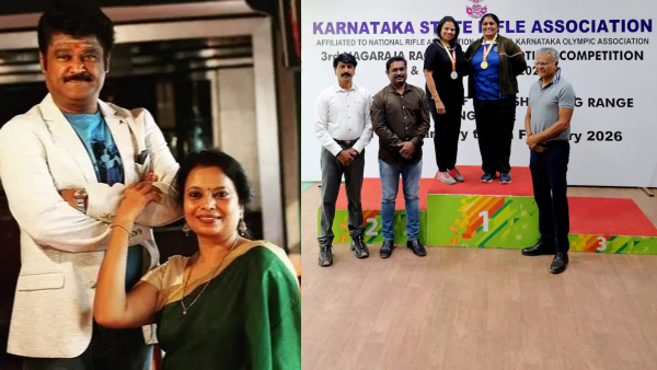 Actor Jaggesh s wife Dr Parimala clinches silver medal in state shooting championship