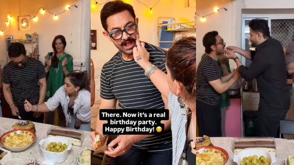 Happy Family Aamir Khan Cuts 61st Birthday Cake with GF Gauri Spratt and Ex-Wives Reena amp amp Kiran