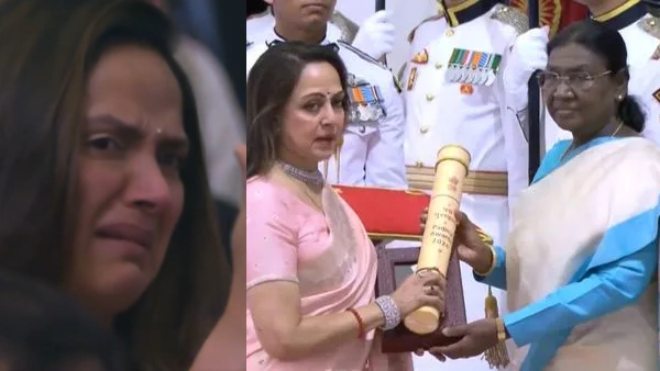 Hema Malini and Daughter Ahaana get emotional while receiving Padma Vibhushan for Dharmendra Hema Malini and Daughter Ahaana get emotional while receiving Padma Vibhushan for Dharmendra