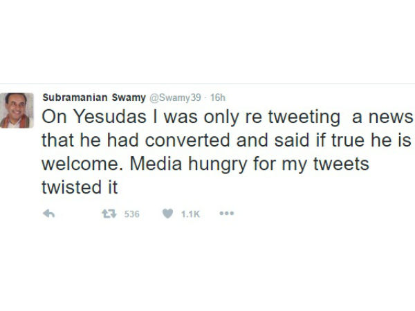 ട്വീറ്റ് വ്യക്തമാക്കി സ്വാമി