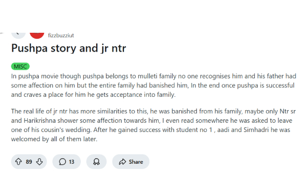 Reddit post on Jr NTR and Pushpa connection Reddit post on Jr NTR and Pushpa connection