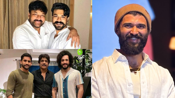 Chiranjeevi and Ram Charan Naga Chaitanya and Akhil with Nagarjuna Vijay Deverakonda Chiranjeevi and Ram Charan Naga Chaitanya and Akhil with Nagarjuna Vijay Deverakonda