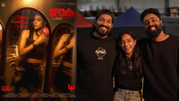Lokah poster and Dominic Arun with Santhy Balachandran and Nimish Ravi