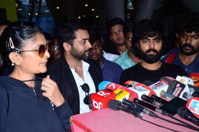 Suriya Acted Akasame Nee Haddura Movie Press meet held at Chennai Airport