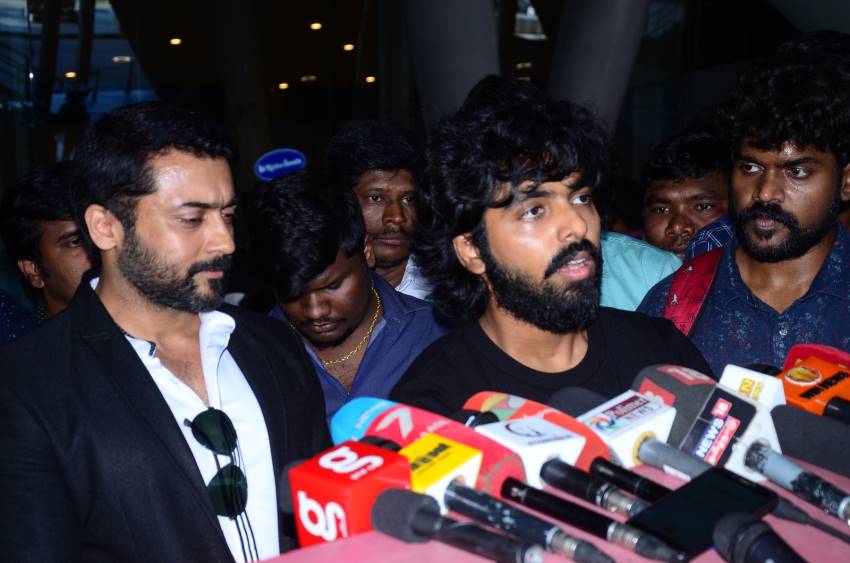 Suriya Acted Akasame Nee Haddura Movie Press meet held at Chennai Airport