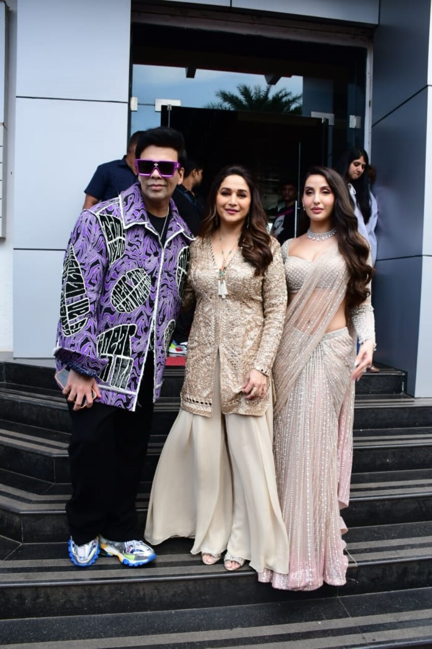 Jhalak Dikhhla Jaa 10: Karan Johar, Madhuri Dixiti & Nora Fatehi make for a stylish trio on sets