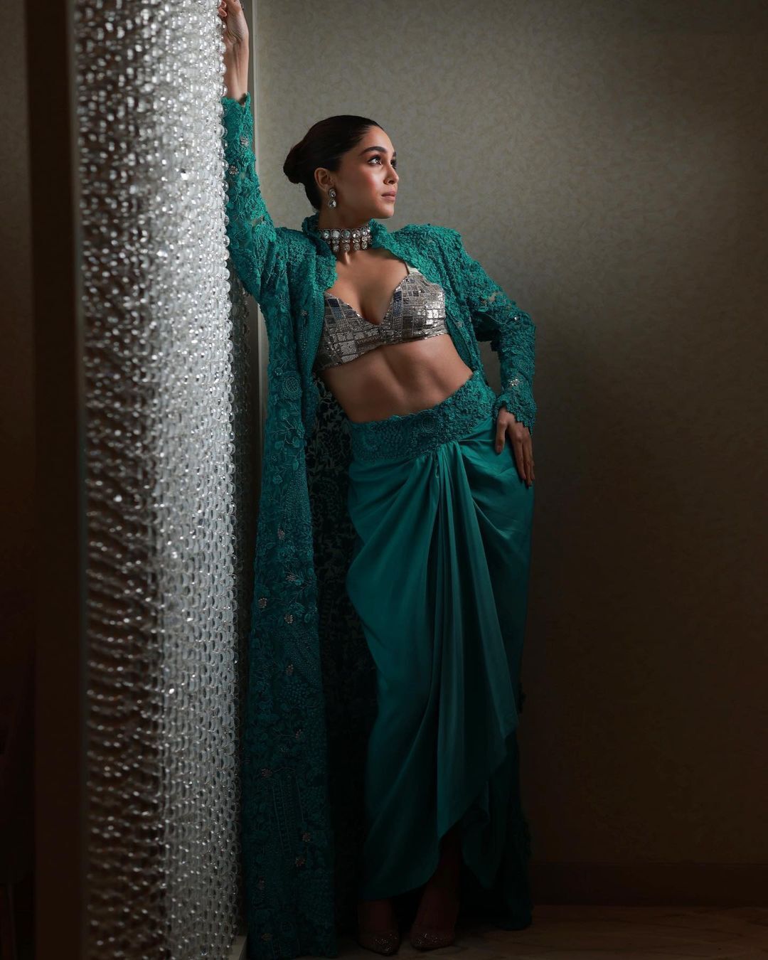 Sharvari Wagh Latest Photoshoot in green co-ord set with sparkling bralette