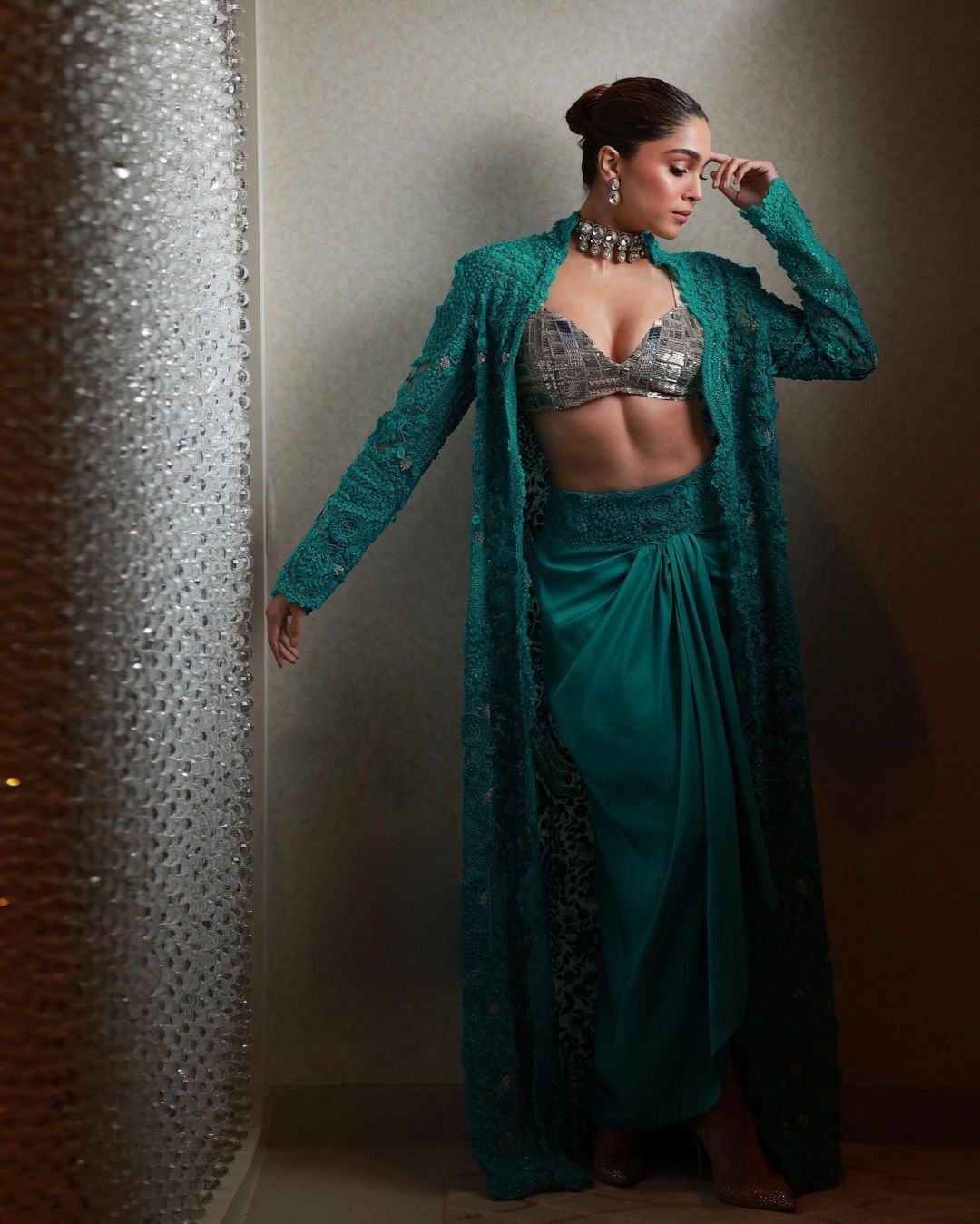 Sharvari Wagh Latest Photoshoot in green co-ord set with sparkling bralette